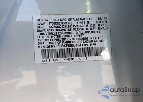 2015 Honda Pilot Touring z USA, uszkodzony, nr VIN 5FNYF3H9XFB003164